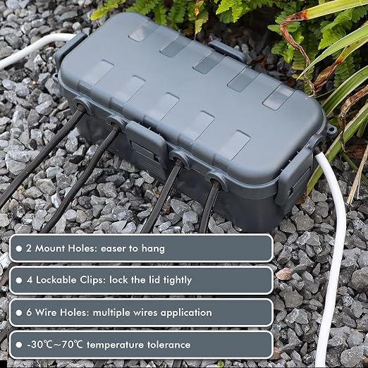 RESTMO Outdoor Electrical Box, IP54 Weatherproof Extension Cord Cover with 6 Cable Entry Ports, Waterproof Connection Box Protect Power Strip, Timer, Plug, Holiday Lights, (11.5x5.2x4 inch), Gray