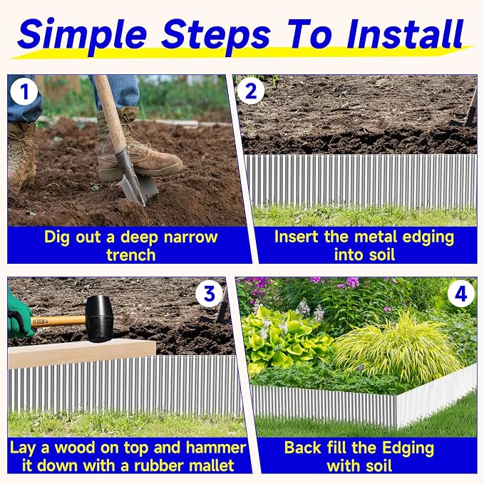 Corrugated Garden Edging, 12"×10Ft Galvanized Steel Landscape Edging & Lawn Edging Border, Metal Garden Border for Flower Beds, Garden，Lawn，Raised Beds & Tree Surrounds (Silver)