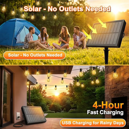100FT Solar String Lights Outdoor, IP65 Waterproof Shatterproof LED Bulbs, Solar & USB Dual Powered, 20+ Hrs Long Lasting, Hanging Lights for Patio, Backyard, Garden, Wedding, Party Decor