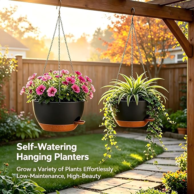 12 Inch Self Watering Hanging Planters 2 Pack, Black Brown | Plastic planters with drainage holes and saucers. Suitable for indoor, outdoor, kitchen, balcony and garden plant decor.