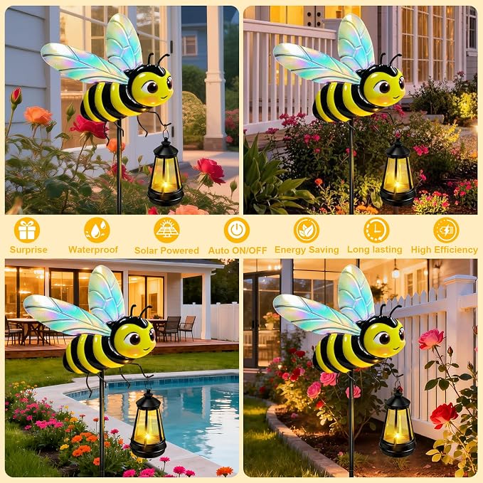 EDOF 32.28in Metal Bee Garden Stakes with Solar Lights Outdoor Decorative | Solar Lights Waterproof Bee Garden Decor for Yard Art Outside Patio Porch Lawn,Birthday Gifts for Women Mom