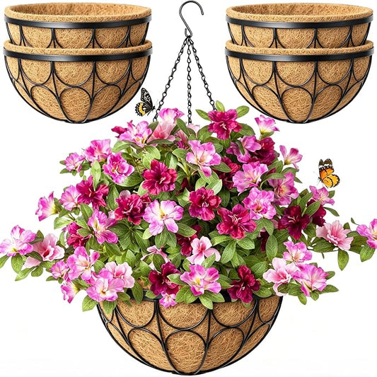 4 Pack 14 Inch Hanging Planters for Outdoor Plants，Large Wire Flower Hanging Basket with Coco Liners for Balconies, Patios, Porch, Terraces Decor