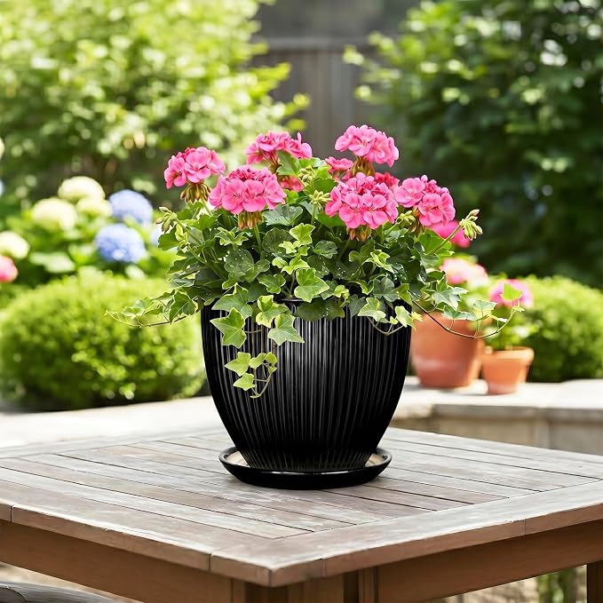 8 Inch Plant Pot, Ceramic Planter with Drainage Hole and Saucer, Modern Planters for Indoor Plants, Indoor Planter, Decorative Round Flower Pot, Apartment Decor, Plant Lover Gifts, Black