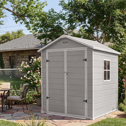 6x4 ft Outdoor Resin Storage Shed with Floor, Lockable Door & Window, Sloping Roof, Plastic Outdoor Sheds with Floor Garden Shed for Backyard Patio Lawn Mower Bike Tool Storage