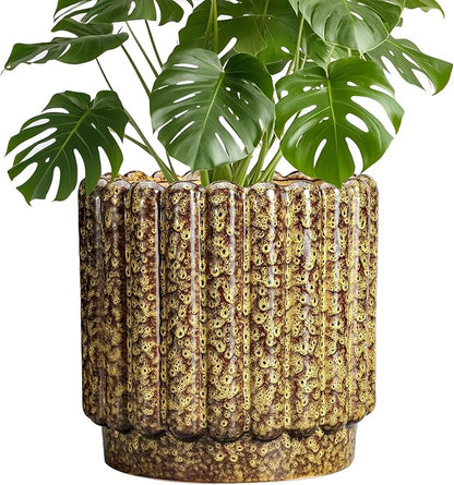 Ceramicfor Ceramic Planter, 9.6 Inch, Yellow | Round Flower Pot, Drainage Hole, Fluted Design, Indoor & Outdoor Use
