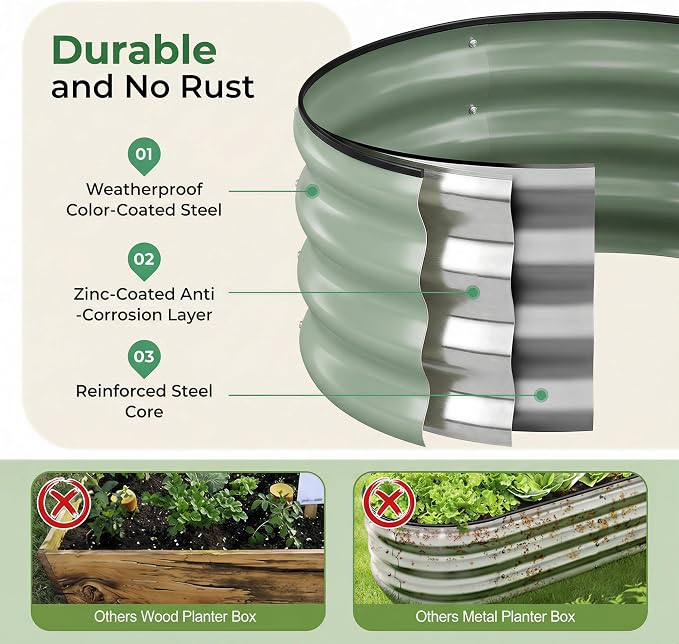 Sponvatt 1Pcs Round Galvanized Raised Garden Bed Kit 24 x 12 Inch Metal Planter Box Outdoor with Safety Rubber Edge Trim Rust Proof Weather Resistant Circular Steel Garden Beds Sage Green 12 Inch Deep