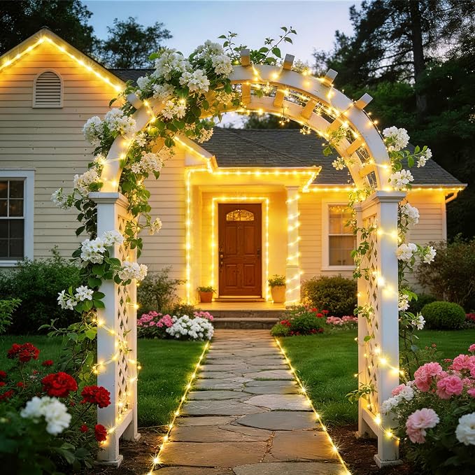 KNONEW Solar Rope Lights Outdoor 2 Packs Total 600LED 100FT Solar String Light Outside Waterproof with 8 Modes Clear Thin Tube for Pool Patio Garden Fence Camping Yard Deck Trampoline（Warm White）
