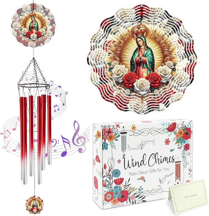 Our Lady of Guadalupe Wind Chimes for Outside with Wind Spinner, Summer Garden Patio Yard Decor, Virgin Mary Religious Wind Chime with Gift Box, Catholic Gifts for Women Mom Grandma