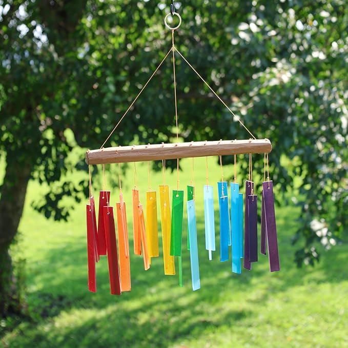 Blue Handworks Color Spectrum Glass and Driftwood Chime | Sandblasted Glass and Found Wood Hand Crafted Wind Chime