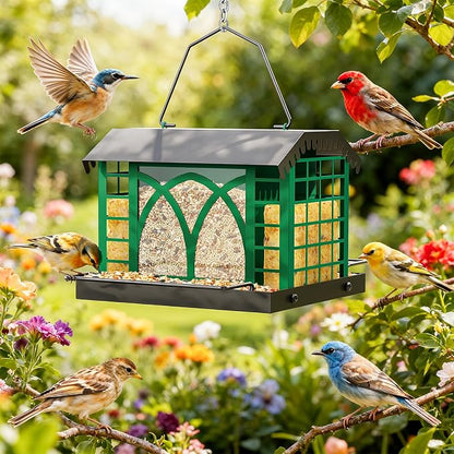 Bird Feeders for Outdoors Hanging, Metal Bird Feeder with Double Suet Cage Weatherproof Metal Roof, 3.5Lbs Large Capacity Great for Attracting Finch Cardinal Chickadee Wild Birds, Branch Green