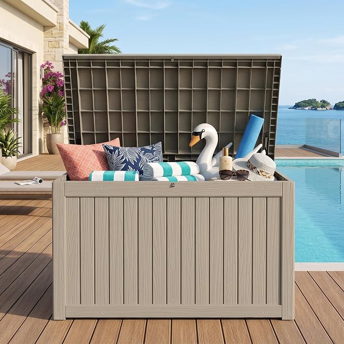 Outdoor Storage Box, 270 Gallon Waterproof Deck Box [Upgraded 3.1], Giant Resin Storage for Large Cushions, Heavy Duty Outside Lockable Bench Seat, Large Backyard Party, Grey