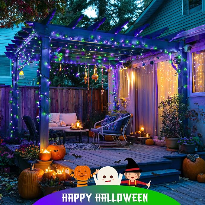 JMEXSUSS 2 Pack Solar Halloween Lights, Total 200LED 66FT, Purple and Green