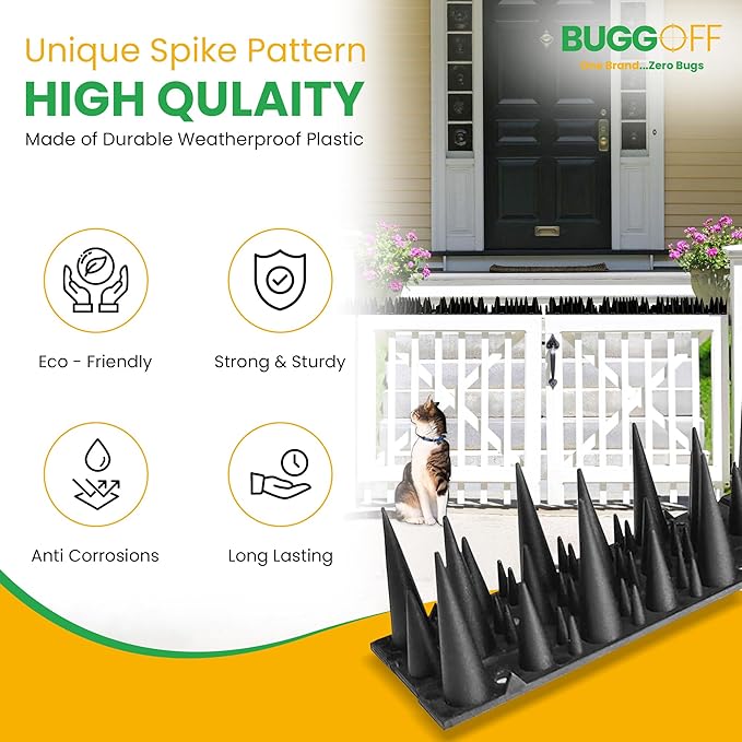 BUGGOFF - Bird & Rodent Spikes, Unique Spike Pattern effecitviely deteres Pesky Pigeons, Squirrels, Raccoons. Installs on Fences, Gates, Roofs, Walls and More! (13 Feet, Black Plastic)