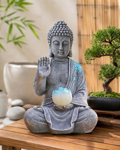 Nacome Solar Buddha Garden Statue Decor: Sitting Resin Figurine with Lotus Flower Light Zen Sculpture for Patio Lawn Yard Porch Balcony Meditation Space - 10.6 inches(Grey)
