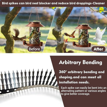 Bird spikes deterrent for outside Stainless Steel 360°Bend 100cm with Accessories, Anti Climb Spikes to Keep Birds- Pigeon-Racoon-Squirrel-Cat Away from porch baffle feeder yard patio garden Fence
