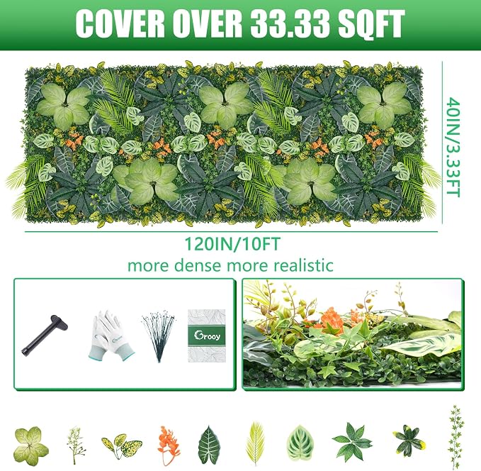 Grooy 40"x120"(33.33 SQFT) Artificial Grass Wall, Greenery Backdrop Wall with UV-Anti, Fake Grass Panels for Indoor Party Wedding and Outdoor Garden Decor