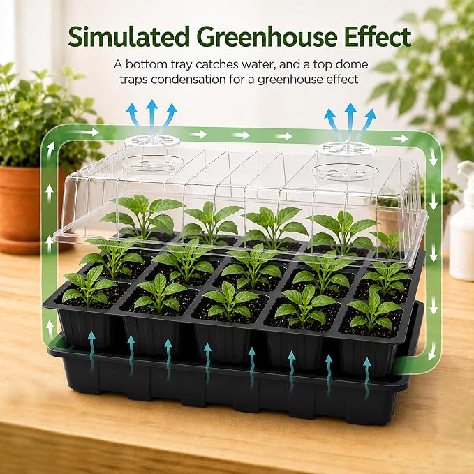 Gardzen 10-Pack Seed Starter Kits, Reusable Plant Germination Trays with Total 150-Cell, Seed Starter Tray with Humidity Vented Domes and Bases for Starting Vegetable Flower Herb Seeds 15" x 9", Black