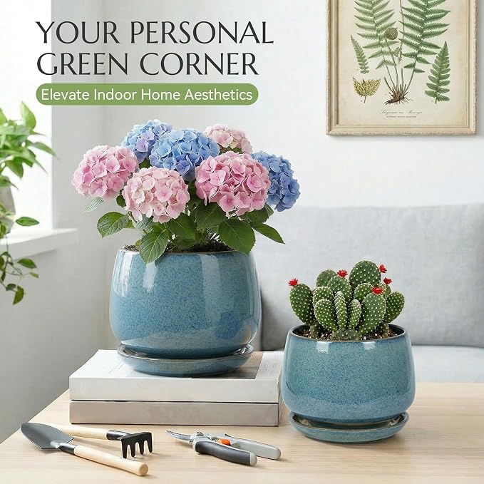 10.3 Inch Flower pots for Indoor Outdoor Plants with Saucer Drainage Leak-Proof Mesh, Ceramic Planter with Gardening Gloves for Succulent and Flower(Crackled Blue)