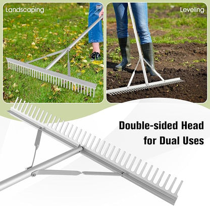 36” Landscape rake, Aluminum Garden with 36 Tines Head & 68” Non-Slip Long Handle, Double-Sided Metal Rake for Loosening Soil & Cleaning Weed, Leaf Rake for Garden Pond Beach Care