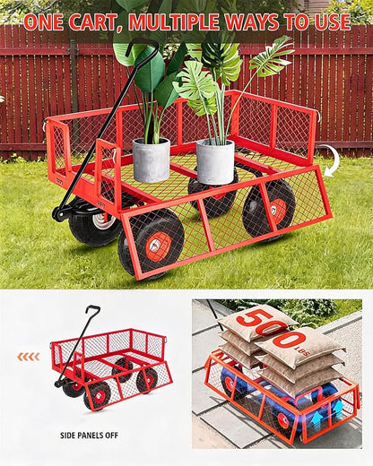 Garvee Steel Garden Cart, 500 LBS Capacity Utility Outdoor Wagon, Heavy Duty Mesh Garden Metal Wagon with Removable Sides, Flexible Handle for Yard, Lawn, Garden