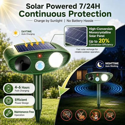 2 Pcs Upgraded Sonic Deer Repellent Devices,Solar Ultrasonic Animal Repellent Outdoor for Racoons,Squirrels,Cats,Rabbits &Foxes,Waterproof Flashing Light Motion Sensor Animal Deterrent for Garden Yard