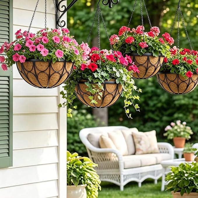 4 Pack 14 Inch Hanging Planters for Outdoor Plants，Large Wire Flower Hanging Basket with Coco Liners for Balconies, Patios, Porch, Terraces Decor
