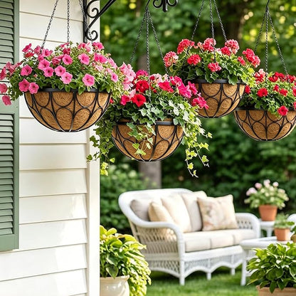 4 Pack 14 Inch Hanging Planters for Outdoor Plants，Large Wire Flower Hanging Basket with Coco Liners for Balconies, Patios, Porch, Terraces Decor