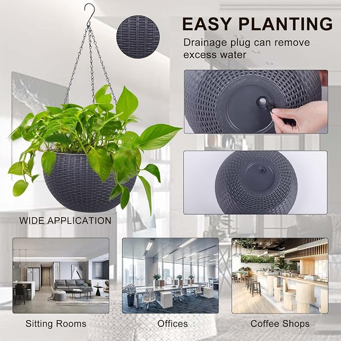 Vencer 11 Inch Round Resin Rattan Hanging Planters,Grey,VF-A15-G | Self Watering,Drain Hole,Metal Chain,Water Indicator,Indoor Outdoor