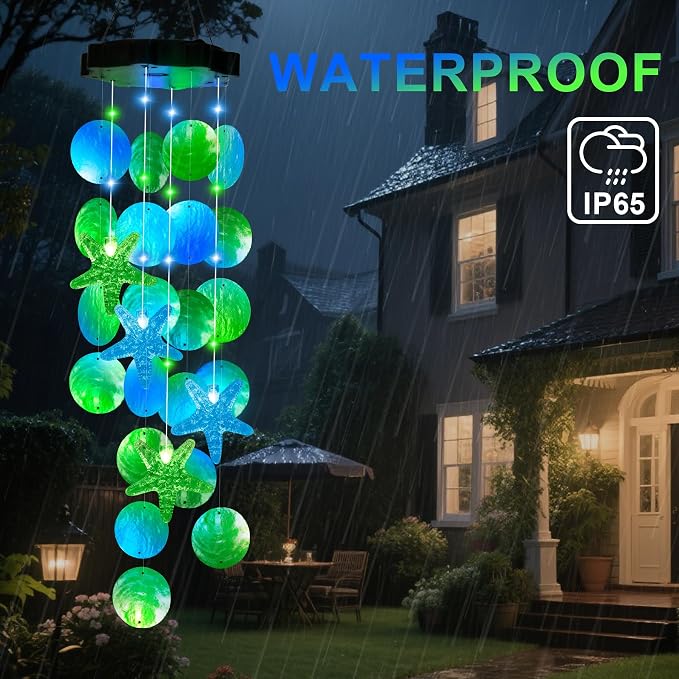 (New) Gift for Women Wife Sister Grandma Mom, Solar Wind Chimes, 2 Modes Natural Shells Outdoor Wind Chime for Garden Yard Window Decor - Blue&Green