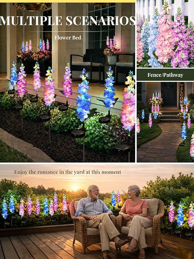 GIGALUMI Solar Lights Outdoor for Garden Decor, 3 Pack Solar Flower Lights Waterproof, 2 Lighting Modes Delphinium for Pathway,Yard, Patio, 4th of July Decoration, Gifts for Women (Multi-Colored)