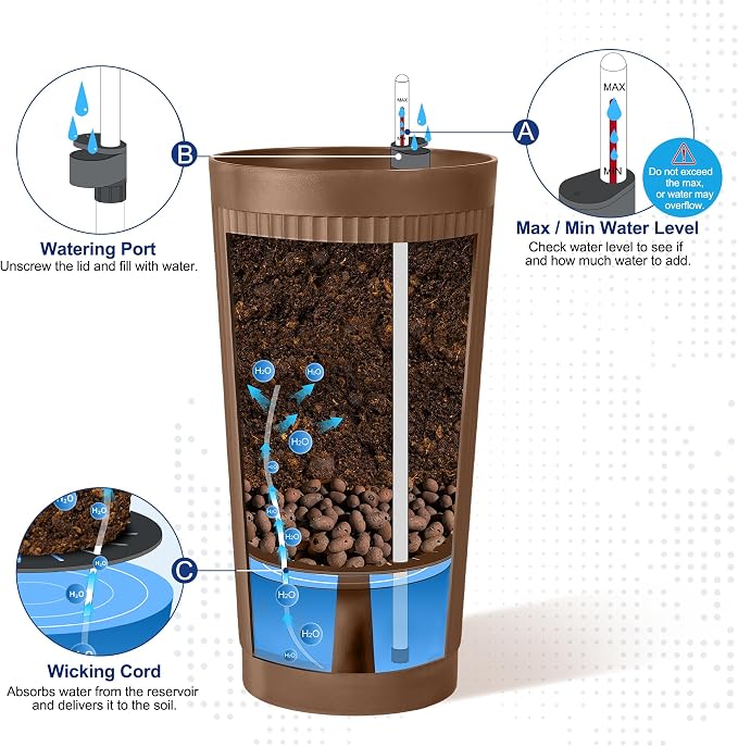 FENCY Self Watering Tall Planters Set of 2, Brown Round | 24 Inch, with Water Level Indicator& Spacious Reservoir, Plastic Tapered Pots, Weather-Resistant, Front Door Decor