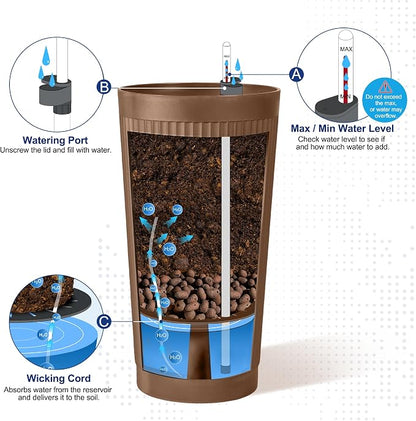 FENCY Self Watering Tall Planters Set of 2, Brown Round | 24 Inch, with Water Level Indicator& Spacious Reservoir, Plastic Tapered Pots, Weather-Resistant, Front Door Decor