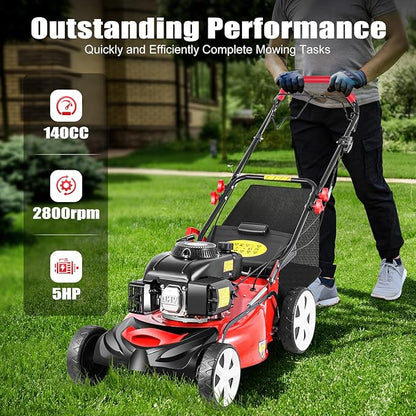 20-Inch Self-Propelled Gas Push Lawn Mower, 140cc 4-Stroke Engine 2800rpm Walk-Behind Gas Lawn Mower with Bagger 8-Position Lever Height Adjustment for Garden and Yard