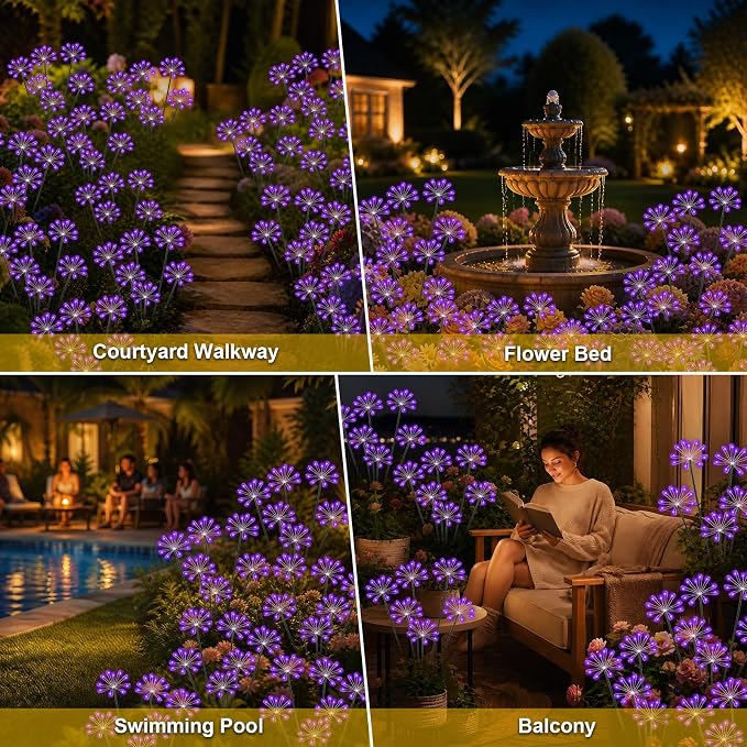 Solar Garden Lights Outdoor, Upgraded Solar Swaying Starburst Light Waterproof with 2 Modes, Solar Fairy Firework Lights for Yard Patio Pathway Flowerbed Balcony Garden Decoration (Purple, 2 Pack)