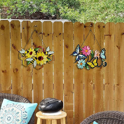 Metal Bee Wall Decor Wall Art On The Bathroom living Room Outdoor Fence Decorations With Silhouette Ornament Branch Wall Hanging Sign For Balcony Garden Decor 15" x 12" (bee flowers)