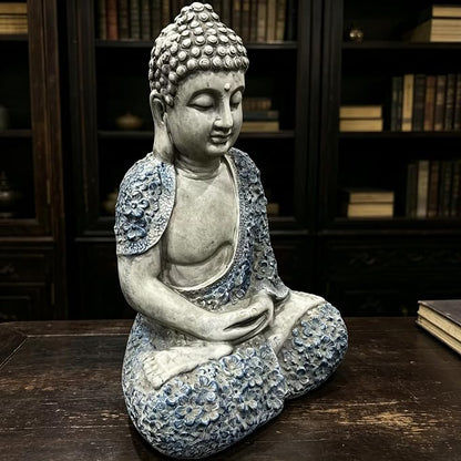 Large 16" Meditating Buddha Statue with Blue Accents, Weatherproof Resin Sculpture for Outdoor Patio Yard Zen Decor, Feng Shui Mindfulness Ornament, Housewarming Spiritual Gift