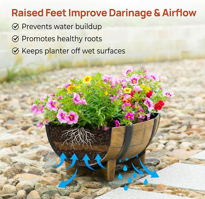 Gardenised 2-Piece Rectangular Half Barrel Flower Pots Rustic Farmhouse Style Faux Wood Planter Containers for Indoor & Outdoor Use Perfect for Displaying Decorative Garden Florals Herbs & Succulents