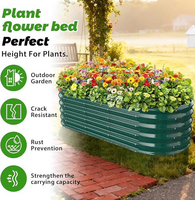 17" Tall Oval-Shaped / Elliptic Metal Raised Garden Bed Outdoor Dark Green | 60X24X17 Inch,1.5 FT Tall,0.8MM Thick Galvanized Metal Painted,for Variety of Flowers,Herbs,Vegetables.with Gloves,Tool free