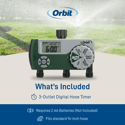 Orbit Programmable Digital Hose Watering Timer - 3 Outlet - Battery Powered - with LCD Screen - Built-in Rain Delay - Water-Resistant - 56082