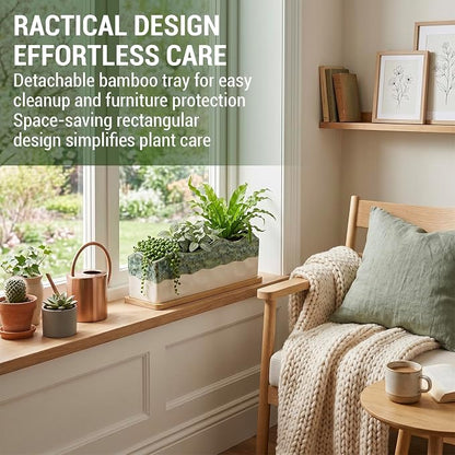 MyGift 13 Inch Large Rectangular Succulent Planter, Decorative Seafoam Green Glazed Beige Ceramic Indoor Plant Container Pot with Removable Bamboo Tray