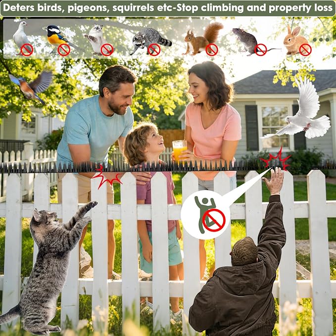 Plastic Bird Spikes Deterrent for Outside to Keep Birds Pigeon Squirrel Away from Porch Baffle Feeder Yard Patio, Fence Spikes 20pack 20Feet Bird nest blocke, Anti-Climb Spikes for Plant Garden