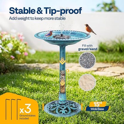 VIVOHOME Bird Bath with Solar Fountain for Outside, Polyresin Pedestal Bird Baths with Solar Powered Pump for Outdoor, Garden, Weather-Resistant Birdbaths with 20" Bowl, Blue