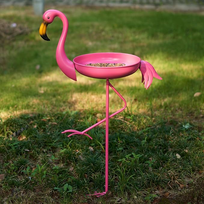 41 in Tall Flamingo Outdoor Bird Bath, Metal Bird Bath Bowl, Bird Feeder or Drinker Plate with Metal Stake, Home Garden Lawn Yard Decorations (Pink)