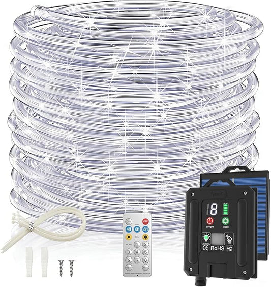ICRGB Solar Rope Lights, 66FT 200LED 1800mAh Outdoor Waterproof Solar Lights with Remote, IP67 String Light with Timing & 8 Modes for Garden Tree Pathway Yard Pool RV Christmas Decor, White