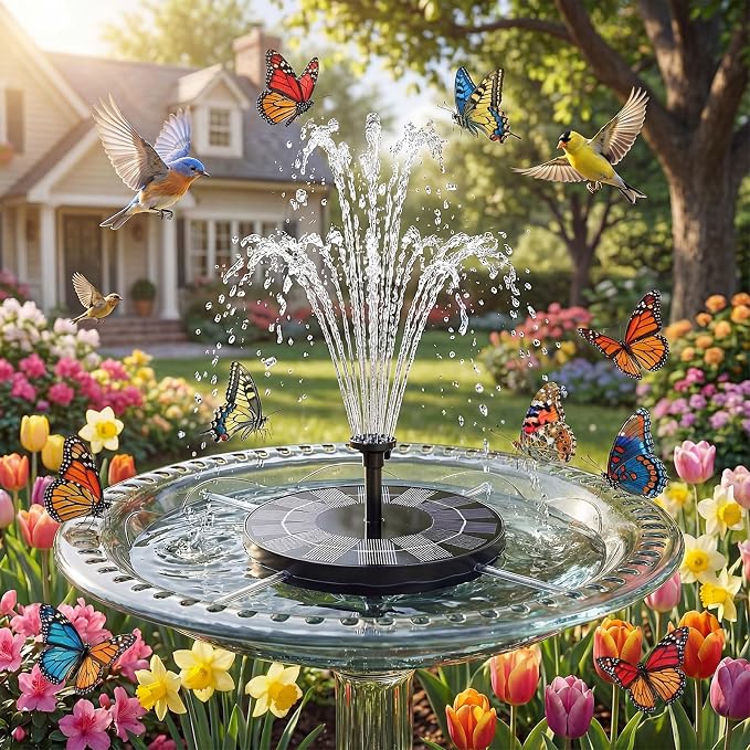 AMZtime 2.5W Solar Bird Bath Fountains, Solar Water Fountain Pump with 6 Nozzles & 4 Tube Supports, 6.7 Inch Fountain Pump for Garden, Pond, Pool, Fish Tank Aquarium Outdoor Use