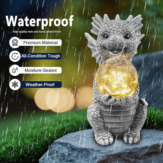Solar Garden Decorations - Dragon Statue | Crackle Glass Ball Light, Garden Decor for Patio, Yard, Lawn, Pathway, Landescape,Housewarming Gifts for Women Mom Grandmom