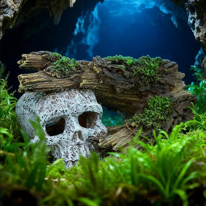 Fish Tank Decorations, Large Aquarium Decor Accessories with Skull and Driftwood, Bearded Dragon Hideout, Reptile & Amphibian Habitat Hideouts