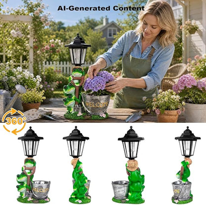 Solar Frog Outdoor Garden Statue with Flowerpot & Lantern | Resin Frog Figurine for Yard Art Lawn Ornaments Porch Patio Balcony - Gifts for Housewarming Birthday