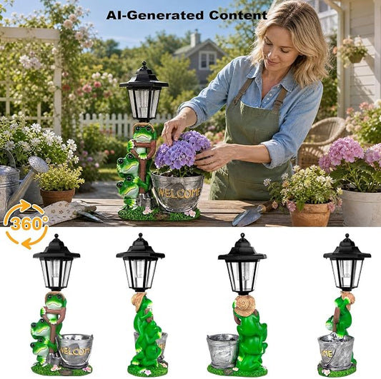 Solar Frog Outdoor Garden Statue with Flowerpot & Lantern | Resin Frog Figurine for Yard Art Lawn Ornaments Porch Patio Balcony - Gifts for Housewarming Birthday