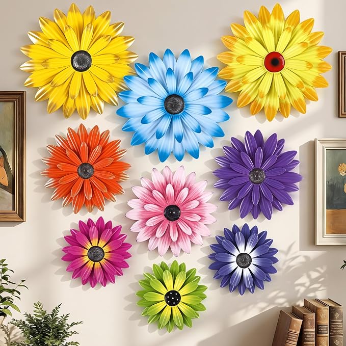 Zhehao 9 Pcs Metal Flower Wall Art Hanging 3D Daisy Decor Metal Flowers Outdoor Decor Multicolored Layered Floral Sunflower Wall Decorations for Home Garden Porch Patio (Stylish Color,6/8/10 Inch)